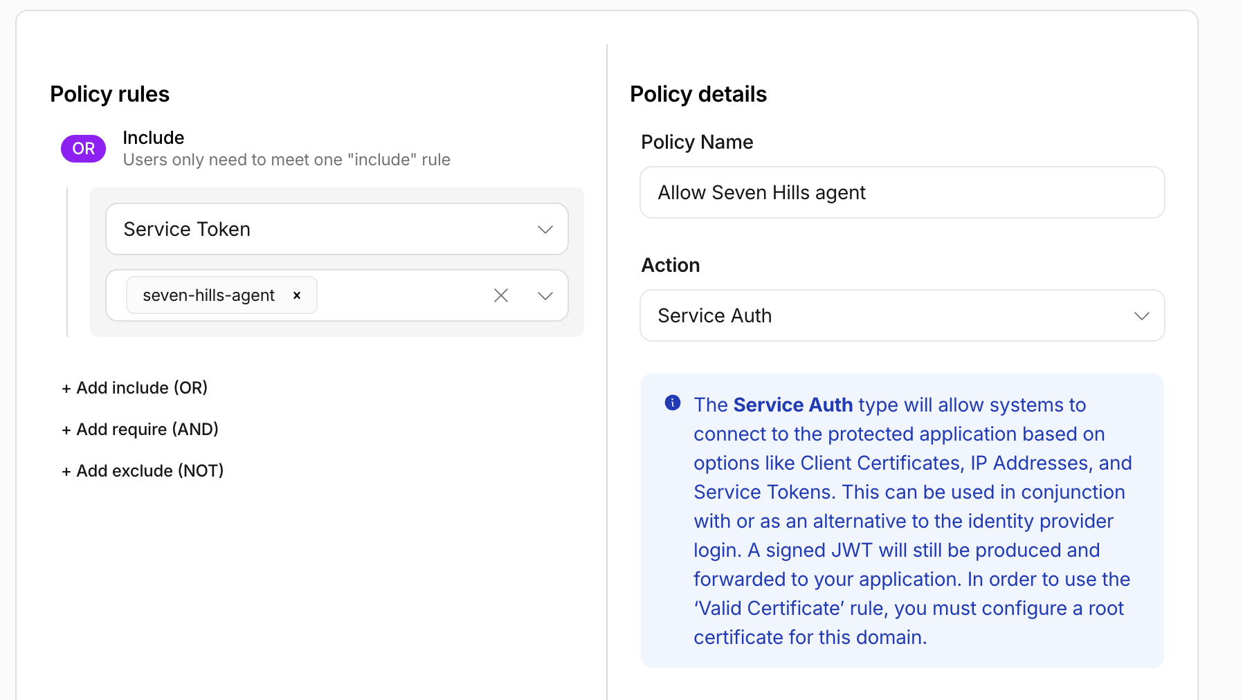 Service Auth policy for the Seven Hills agent service token