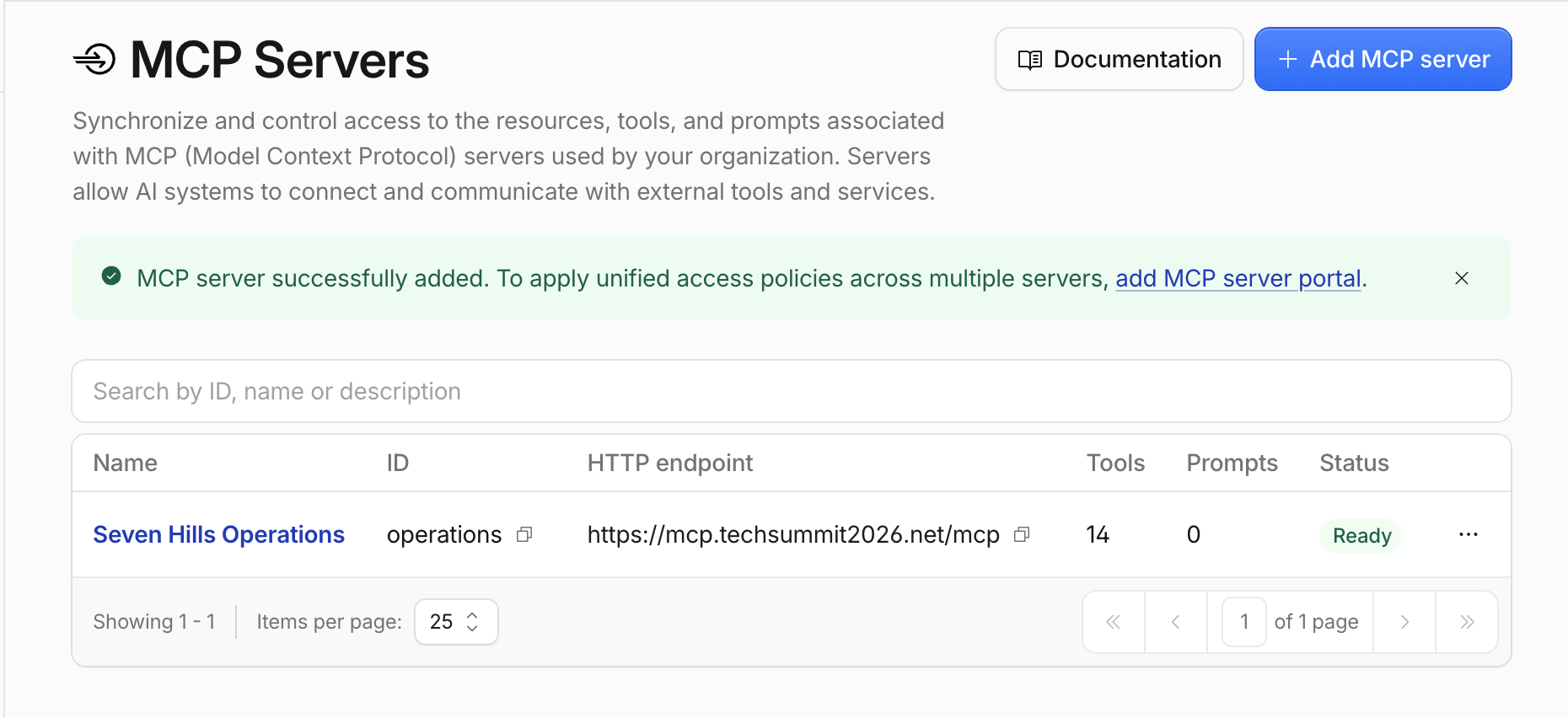 Seven Hills Operations MCP server in Ready state with 14 tools
